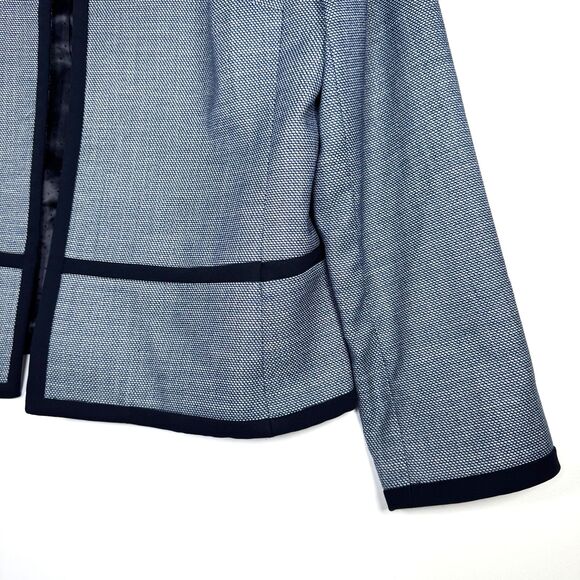 Talbots Blazer Womens 12P Blue Textured Open Front Contrast Trim Detail Jacket - Picture 3 of 13